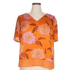 DR2 XL Women's Blouse Floral Silky Orange Pink Short Sleeve